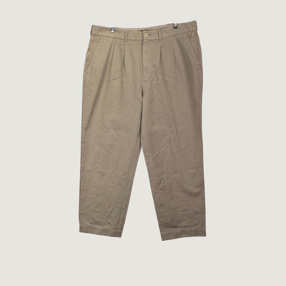 AYR Pleated Cotton Trousers size 14 Tan Khaki Minimalist Quiet Luxury Chinos